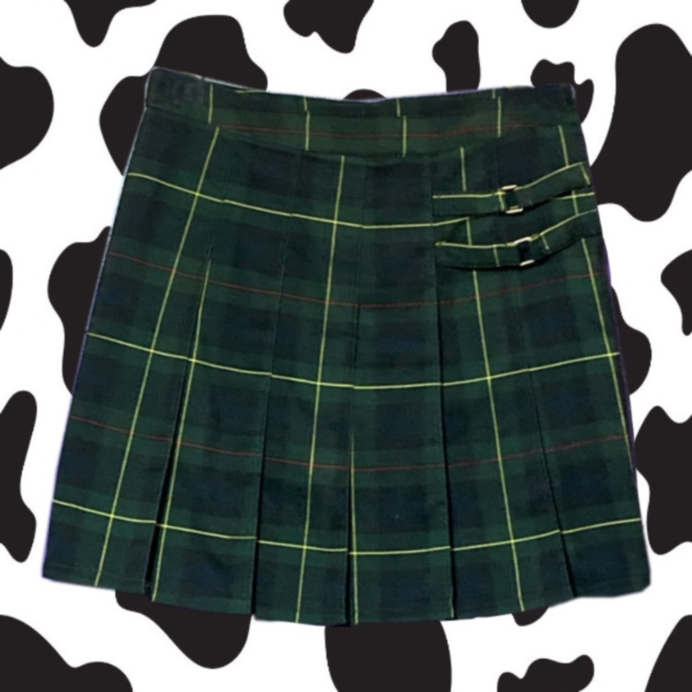 Green plaid Pleated Tennis Skirt with Buckles
